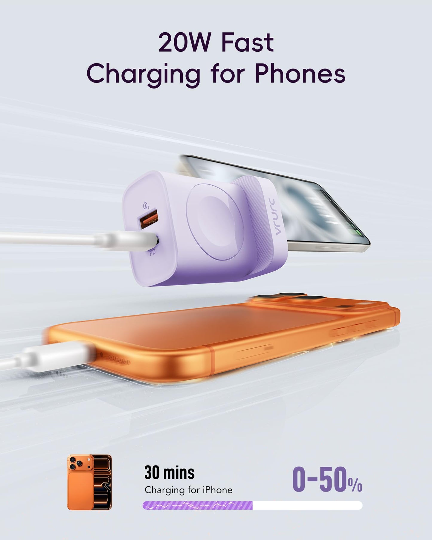 VRURC Charger for iPhone & Apple Watch, 20W USB C Fast Charging Block, 3-in-1 Compact Travel Adapter with 2 Port for iPhone 17/16/15/14/13, Wireless Magnetic for iWatch SE/11/10/9/8/7/6/5/4-Purple