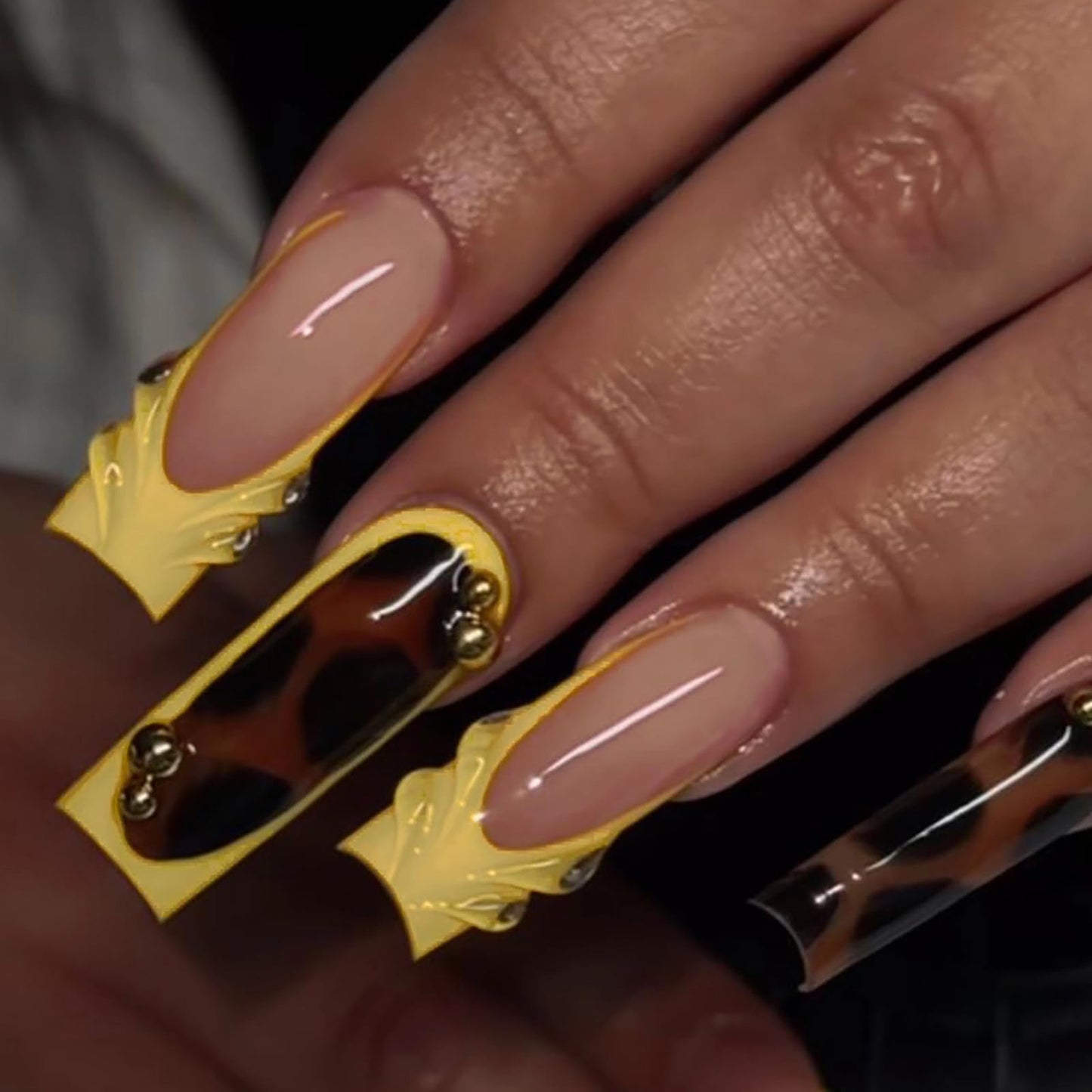 MISUD Press on Nails - Long Square Fake Nails with Fall Brown Amber, Acrylic Yellow French Tip Design 24 pcs