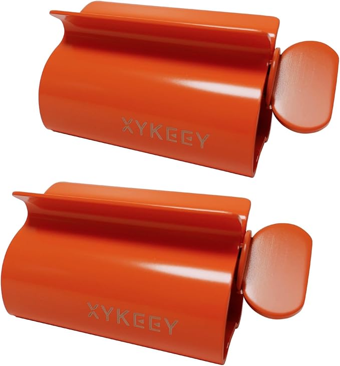 XYKEEY Set of 2 Toothpaste Squeezer Rollers, Metal Toothpaste Tube Wringer Seat Holder Stand (Orange)
