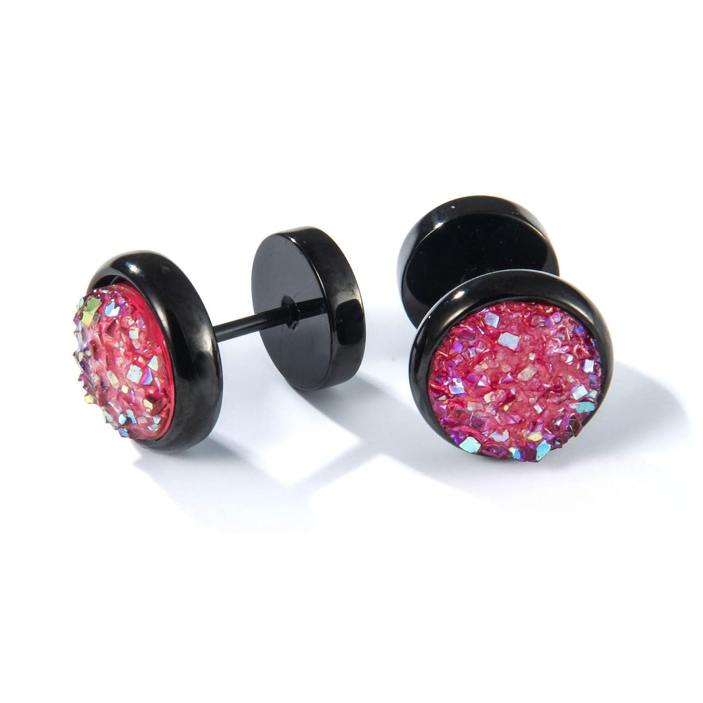 Titanium Screw Flat Back Earrings Glitter Cheater Studs Big Barbell Dot Disc Hypoallergenic, Titanium, pink druzy