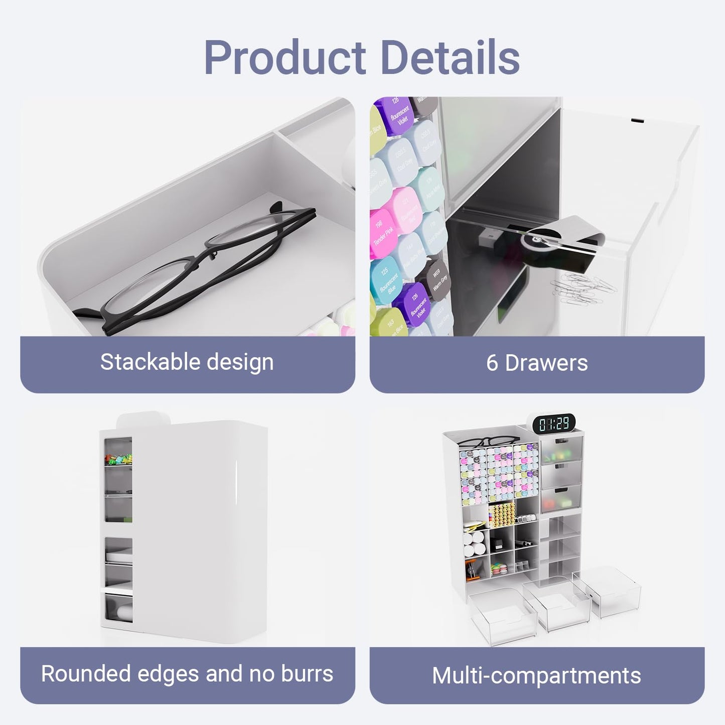 White Plastic Desktop Organizer – Stackable Office Desk Supplies Storage, Stationary,Marker,Crayon Organizer with Drawer – Perfect for Office, School, or Makeup Storage