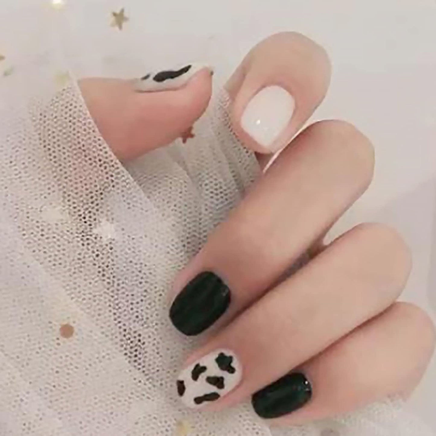 IMSOHOT Glossy Square Press on Nails Short Squoval Cow Print Cute Black False Full Cover Glue on Nails for Women & Girls