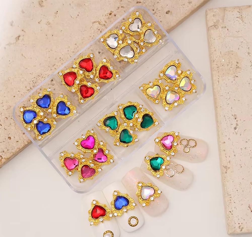 3D Heart Shape Nail Charms Luxury Shiny Alloy Rhinestone Golden Nail Crystal Diamonds Jewelry Studs Decoration 30PCS