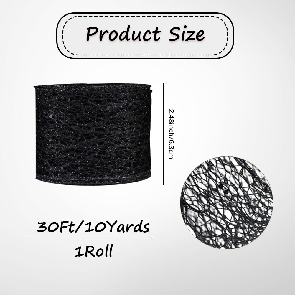CABODYALS 10 Yards 2.48 Inch Black Glitter Mesh Ribbon Wire Edge Wide Netting Sparkly with Sequins Paillettes Fabric Ribbons for Gift Wrapping Bow Making Bouquet Wedding Home Decor DIY Craft Supply