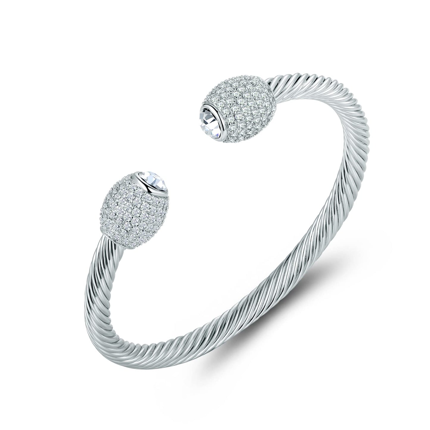 Barzel 18K Gold Plated Crystal Cable Bangle Bracelet For Women - Cuff Bangle Bracelet (Silver)