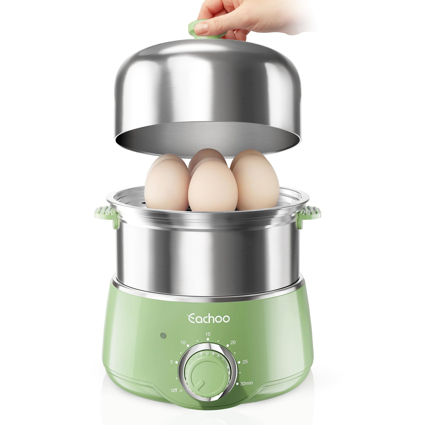 Hard Boiled Egg Cooker - CACHOO 14-Egg Rapid Stainless Steel Egg Boiler with 30-Min Timer & Auto Shut Off, Compact Electric Vegetable Steamer for Cooking, Dishwasher Safe, Retro Green