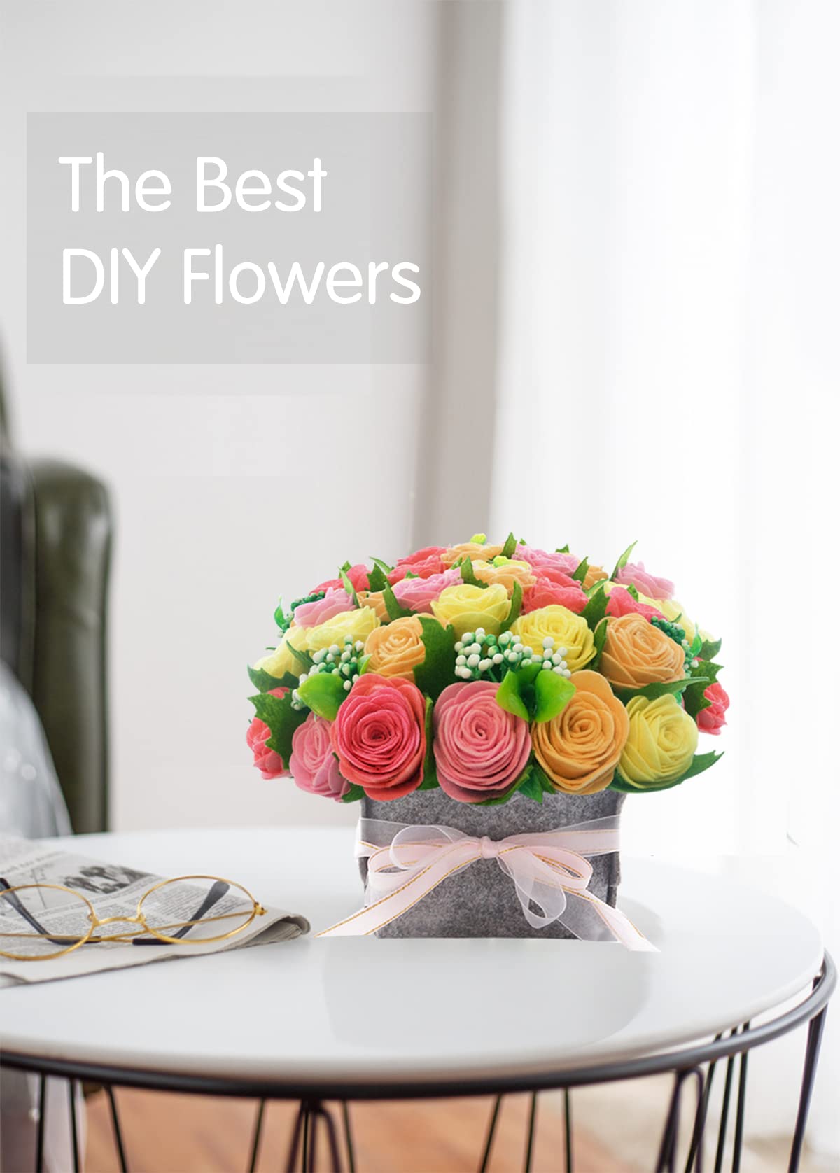 DIY Felt Flower Art Craft Kit, DIY Rose Pot Bonsai Kit, Beginner Floral Gifts - Arrange Pre-Cut Flowers and Foliage - Red, Pink, Yellow