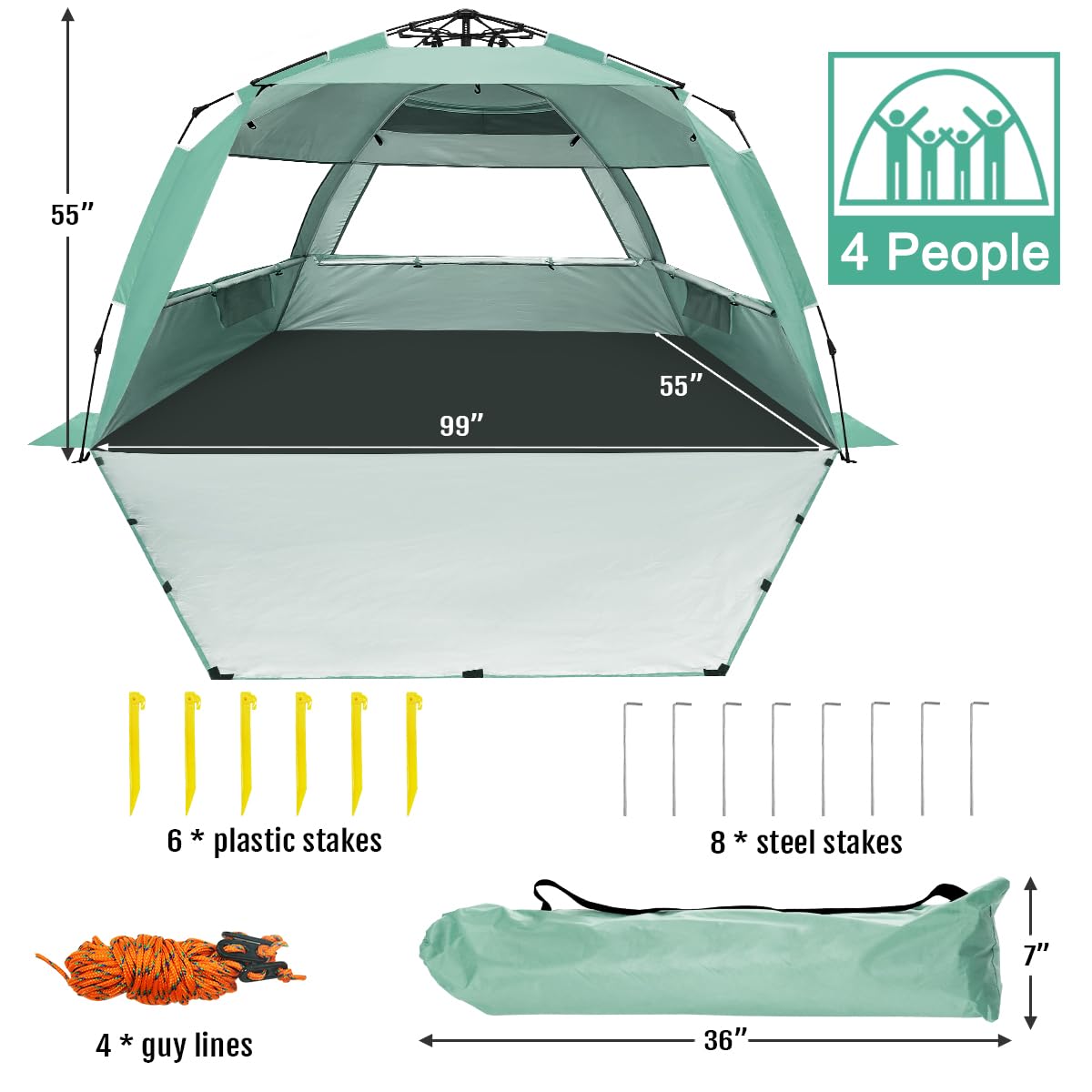 WhiteFang Deluxe XL Pop Up Beach Tent Sun Shade Shelter for 3-4 Person, UV Protection, Extendable Floor with 3 Ventilating Windows Plus Carrying Bag, Stakes, and Guy Lines (Mint Green)