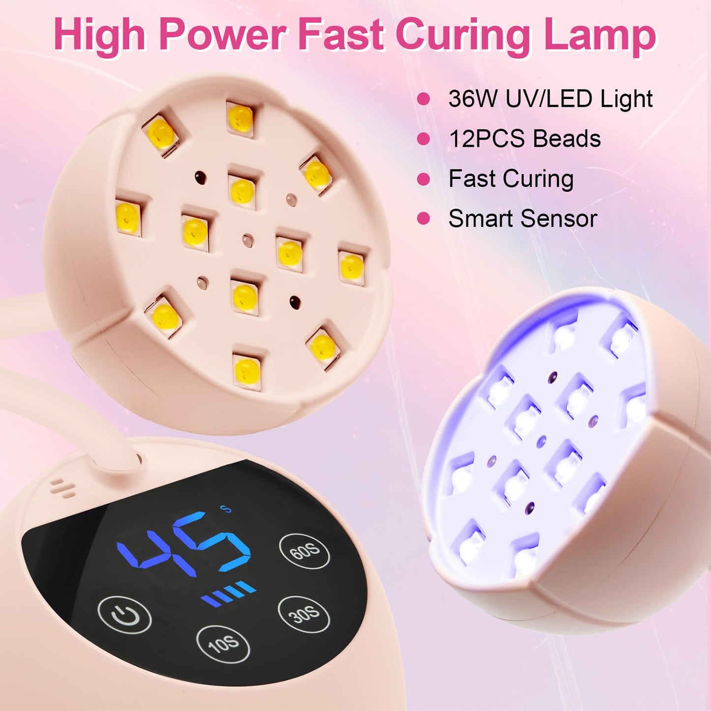 CGBE UV LED Nail Lamp, 36W Mini Cordless Flash Cure Lamp, USB Rechargeable Goosenecks LED Nail Light for Gel Nails with 4 Timers & Auto Sensor for Salon Home DIY Use, Pink