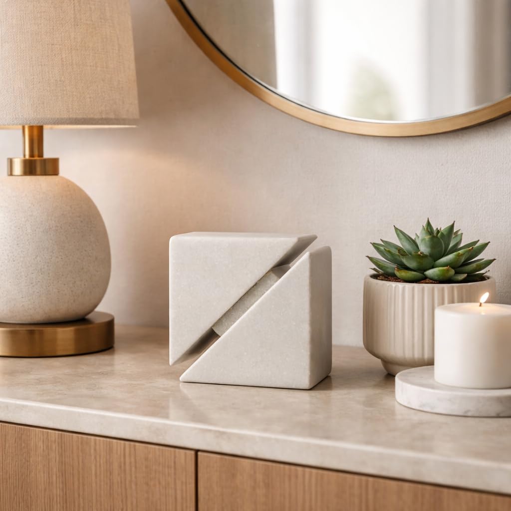 White Marble Sculpture Cube – Accessories for Room Styling and Layering – Shelf, Desk, or Console Placement – Modern Geometric Design Accent for Contemporary Spaces, Home Decor – 4", White Finish