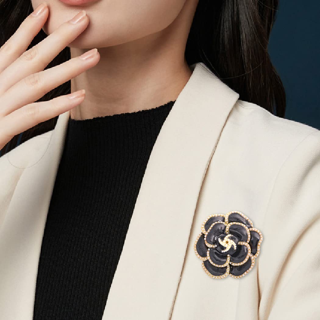 Enamel Camellia Pearl Brooch - Elegant Petal Pin Wedding & Party Brooch Gift (Black)
