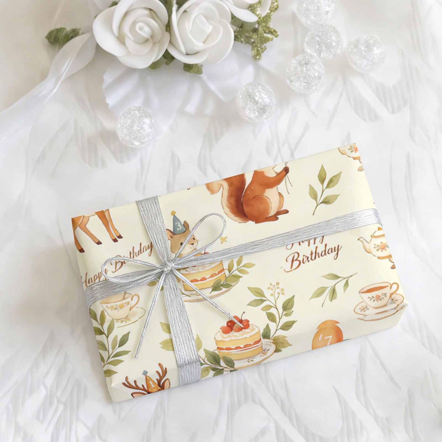 MiauMango Birthday Wrapping Paper, Forest Animals Tea Party 17.3 x 58 inch Wrapping Paper Roll For Birthday Party Gift Bouquet Decoration