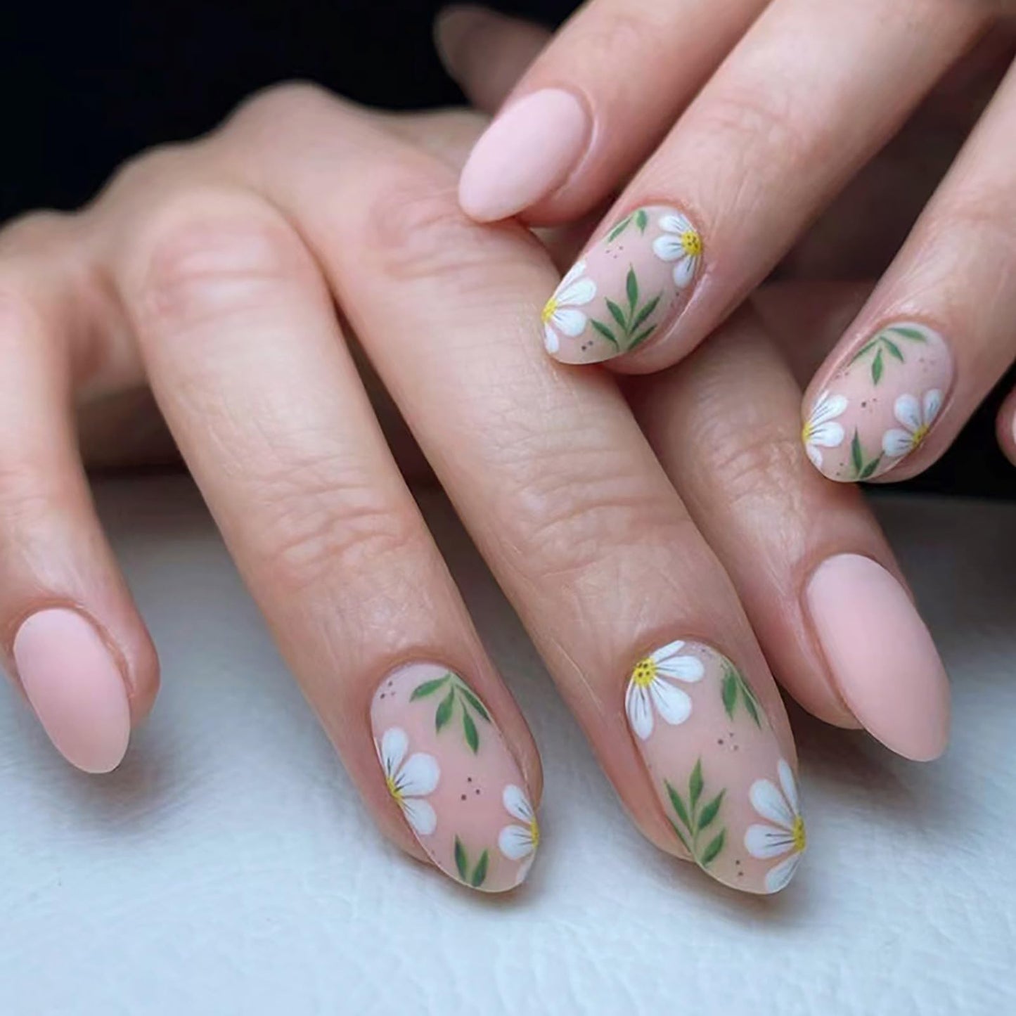 Jsiallye 6 Packs Press on Nails Short,Flower French Press on Nails Almond And Oval,Glue on Nails in 12 Sizes - 24 Fake Nails Kit, Stick on Nails for Women