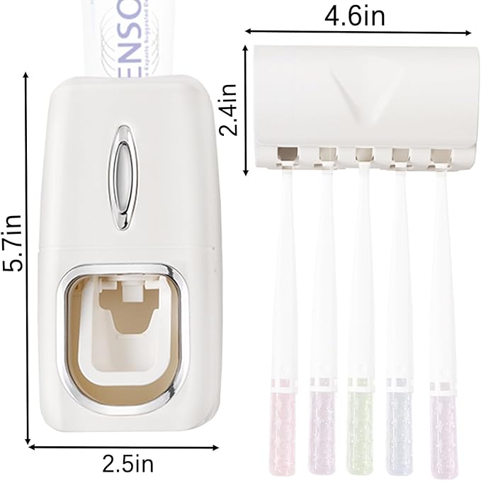 Toothbrush Holder and Toothpaste Dispenser Set, Automatic Toothpaste Squeezer Dispenser, Dispenser Toothpaste Squeezer Kit, Wall Mounted Bathroom Accessories (White)