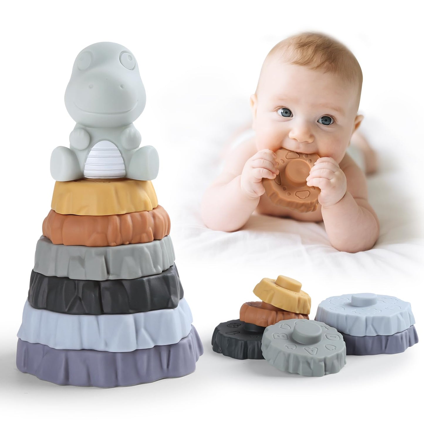 Yrkidstoi Stacking & Nesting Baby Teething Toy, 7 Pcs Soft Building Rings Stacker Toys with Dinosaur Figure, Newborn Essentials Sensory Learning Toys for 6+ Months Infant Toddler Boys Girls