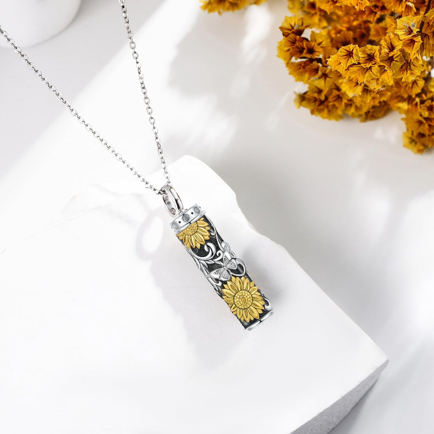 POPLYKE Sunflower Butterfly Filigree Urn Necklace for Ashes for Women Sterling Silver Cremation Necklace for Ashes Keepsake Jewelry for Human Men