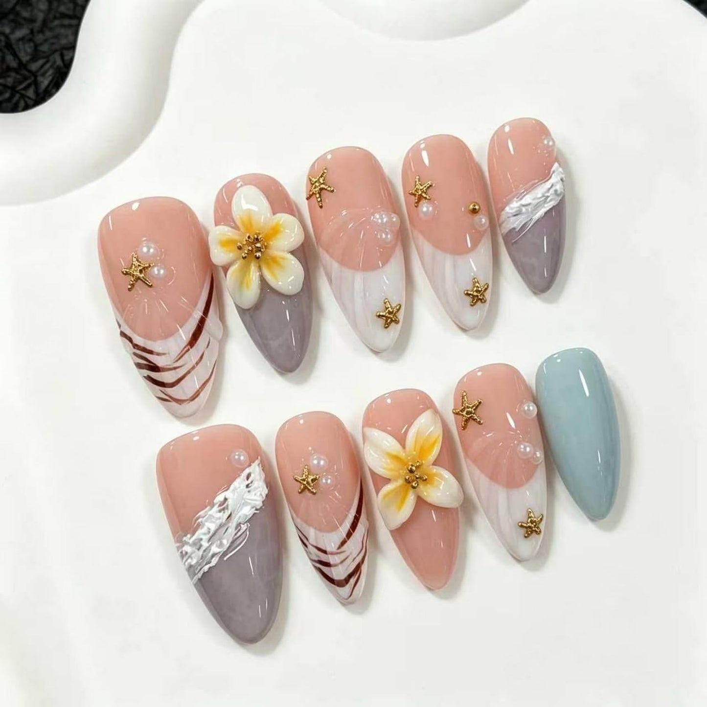3D Press on Nail Almond Shape Fake Nails with Flower Star designs Stick on Nail Full Cover French Tip Press ones Glossy Handmade False Nails Reusable Glue on Nails for Women Beach（s size）10pcs