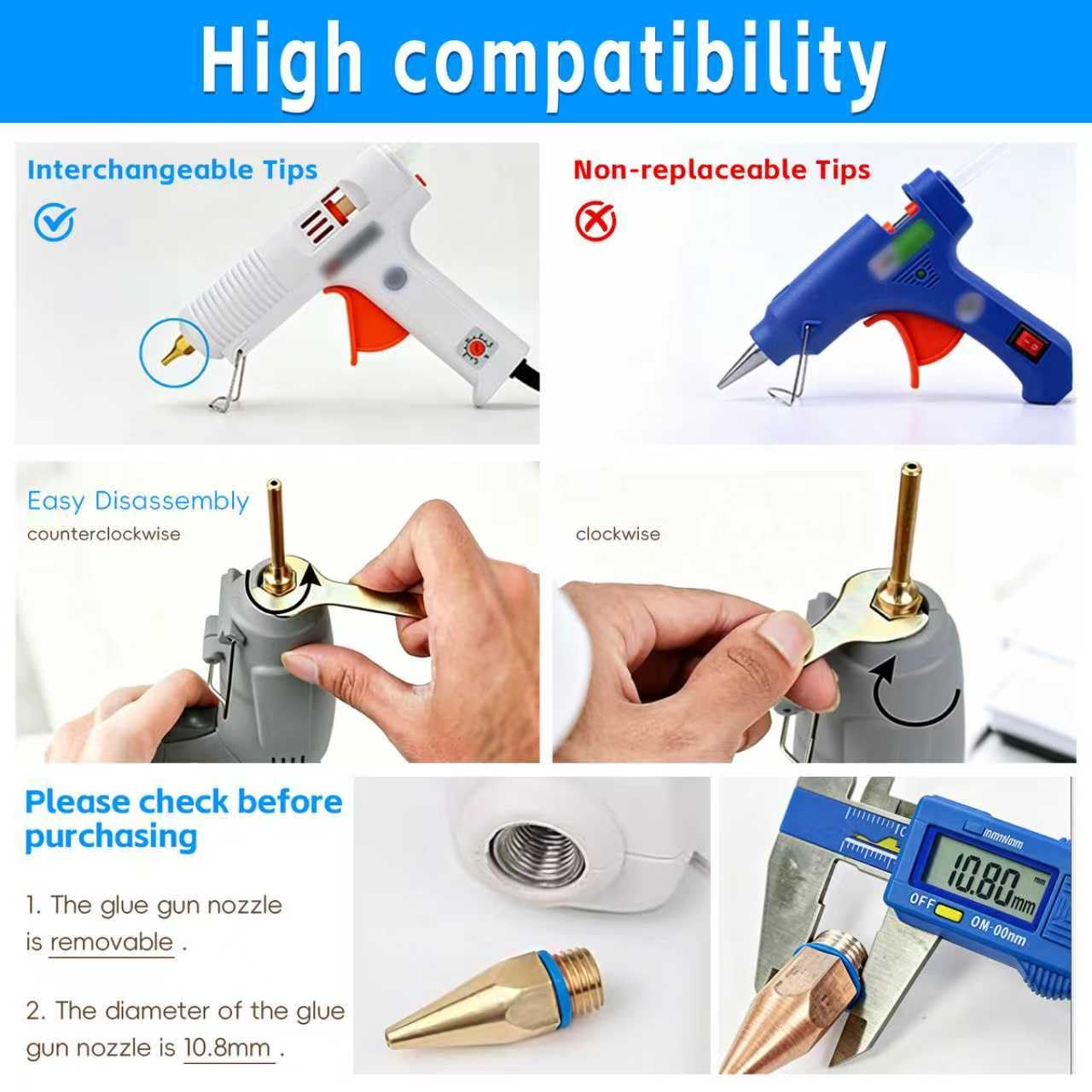 Premium 6-Piece Copper Hot Glue Gun Nozzle Set with Wrench and O-Rings - Includes 2 Flat Nozzles, Interchangeable Heat Gun Attachments for Precision Crafting and DIY Repairs
