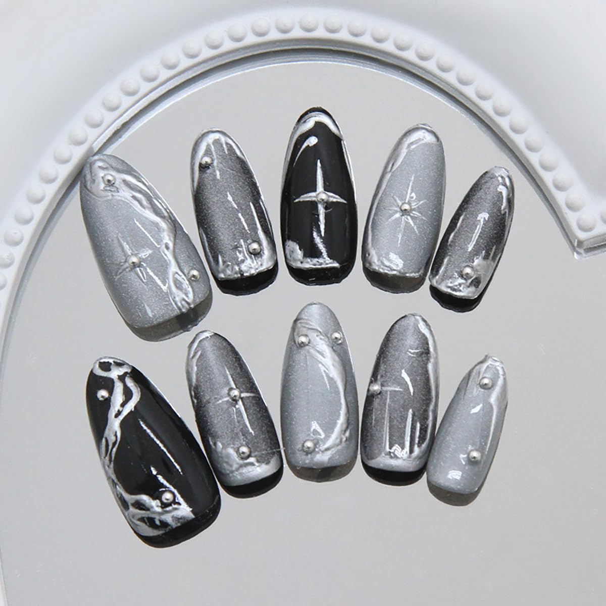 30Pcs Goth Press on Nails Medium Almond Fake Nails 3D Silver Alloy Chrome Star Glitter Design Dark Black Full Cover Glue on Nails Reusable Handmade Y2k False Nails for Women Acrylic Manicure Salon