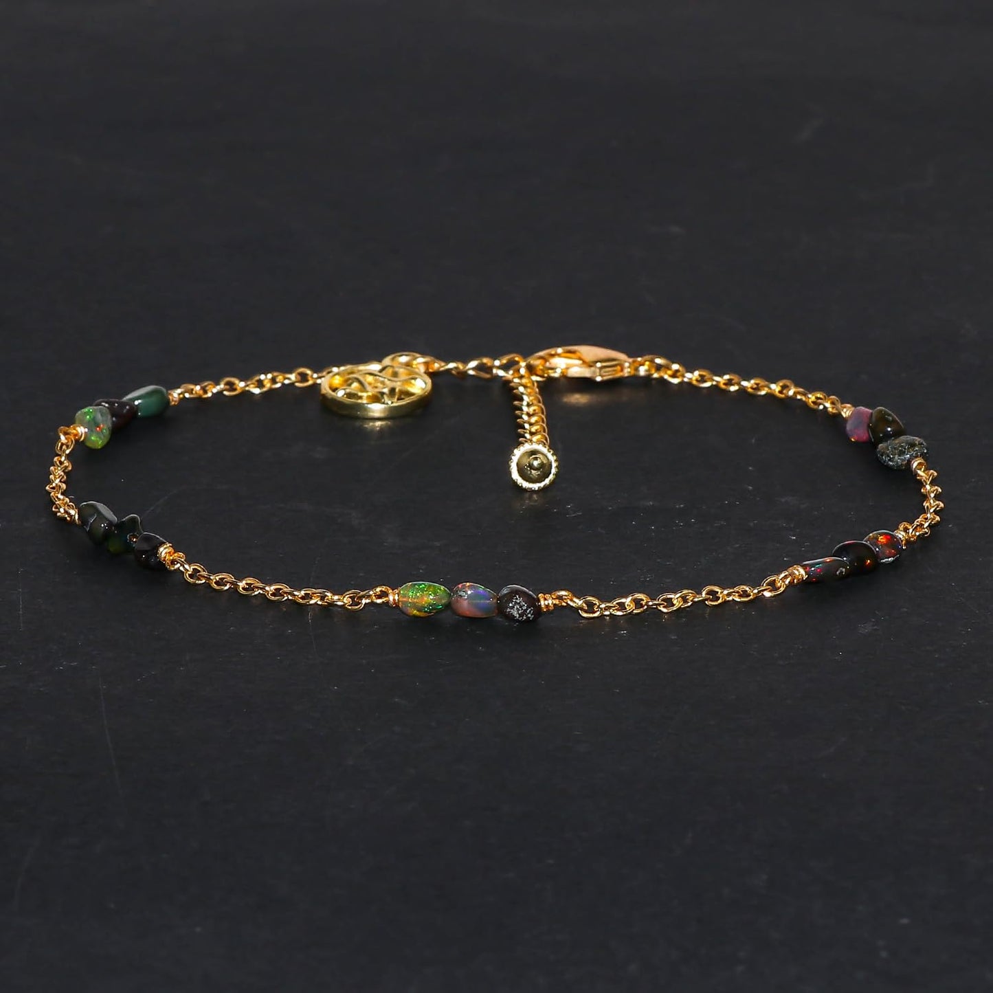 CRYSTALINES Natural Ethiopian Black Opal Gemstone Nuggets Beads, Handmade Station Dangle Star Charms Anklet, 14K Gold Plated, Adjustable Boho Jewelry for Women, Healing Crystals, Christmas Gift
