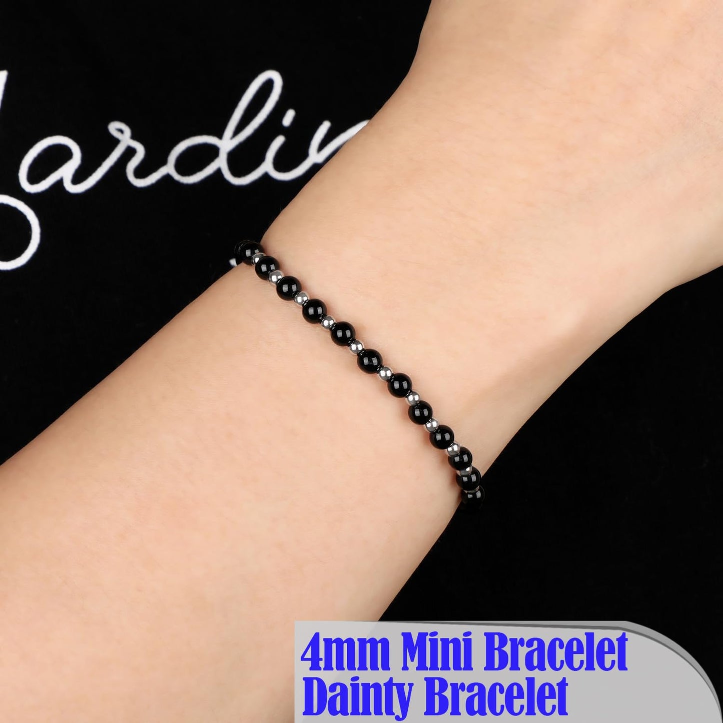 QOGIR Black Tourmaline - Psychic Protection - Stainless Silver Beads Natural Gemstone Stretch Elastic Dainty Healing Beaded Bracelets Gifts 4mm