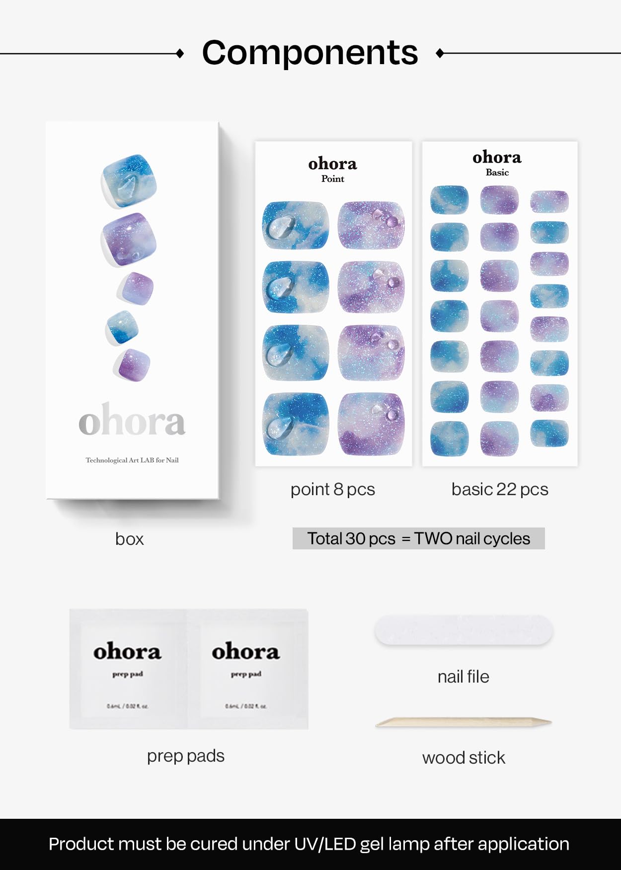 ohora Semi Cured Gel Pedi Strips (P Ajisai Drop) - Works with Any Nail Lamps, Salon-Quality, Long Lasting, Easy to Apply & Remove - Includes 2 Prep Pads, Nail File & Wooden Stick
