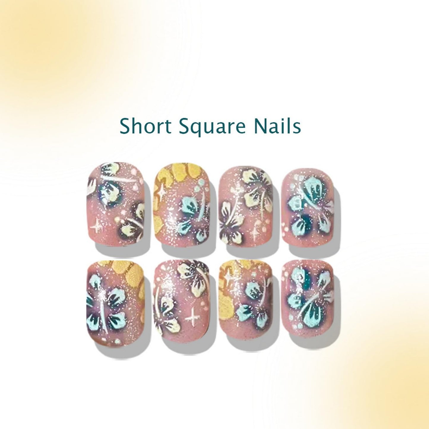 Extra Short Press on Nail Flower Fake Nail with Blue Floral designs Full Cover Glitter Press ones Cute Glue on Nails ReusableSummer False Nails for Women Beach Manicure24pcs