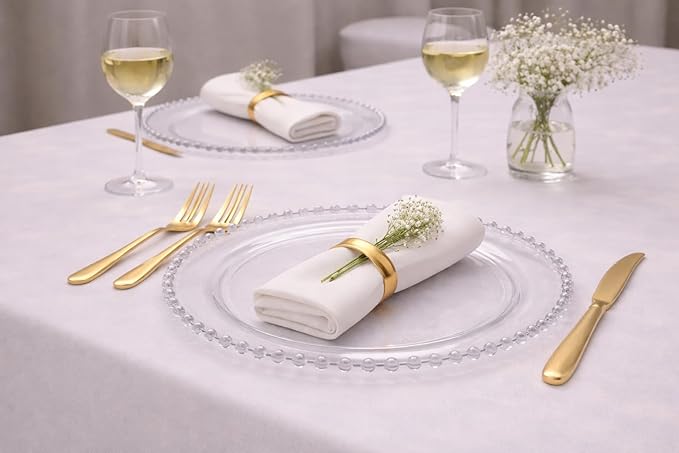 PLASTICPRO Clear Plastic Charger Plates with Beaded Edge – Pack of 8 – 13" Elegant Round Disposable Chargers for Weddings, Events, Parties, and Dinners