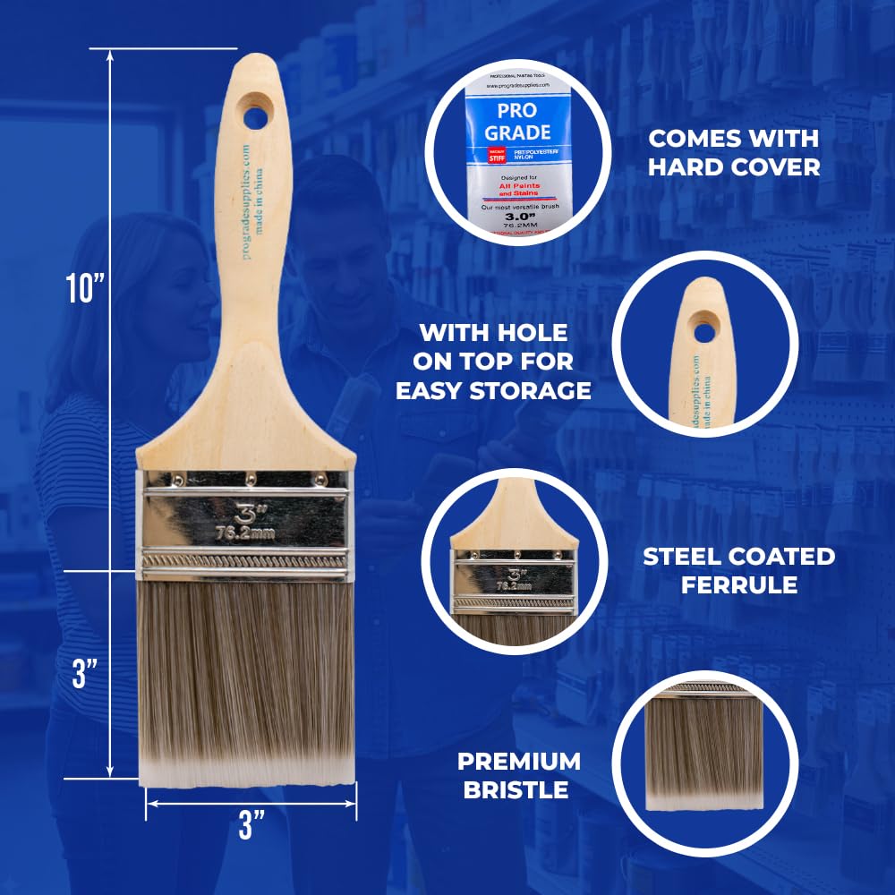 Pro Grade Paint Brushes 3 Inch Flat Paint Brush Set for Walls Trim Cabinets Doors Professional Painter Contractor Interior Exterior 12 Pack