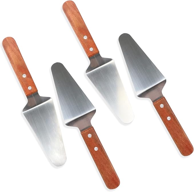 CZWESTC 4 Pcs Stainless Steel Pizza Servers with Wooden Handle, Triangular Spade Pie Pastry Spatula for Cake, Dessert, Tart, Pie and Pizza