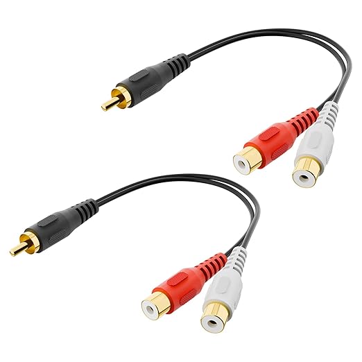 VCELINK RCA Splitter 1 Male to 2 Female Stereo Audio Cable, Gold Plated Dual RCA Female Adapter for Subwoofer, Car Radio, Amplifier, TV, Digital Audio, 2 Pack/0.66FT