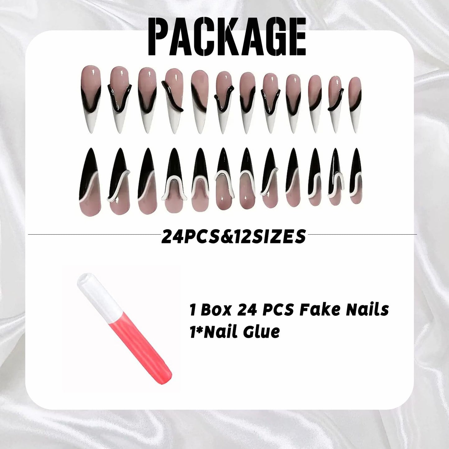 IMSOHOT Press on Nails Long Stiletto Fake Nails Black White French Tips False Nails with 3D Line Designs Glossy Full Cover Artificial Acrylic DIY Glue on Nails
