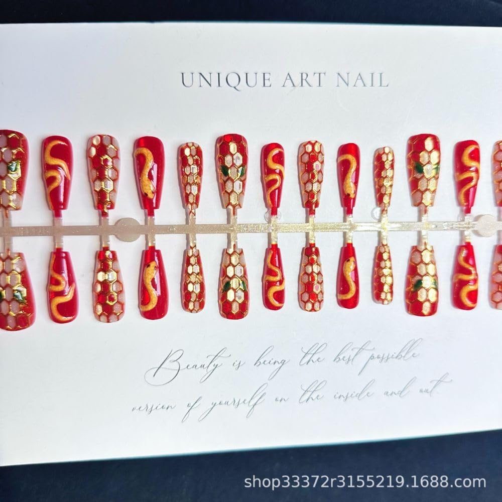 QQPPOLIU Red Press on Nails Coffin Shape Glue on Nails with Snake Pattern Design Fake Nails Long Nails Press Ons for Women and Girls 24Pcs
