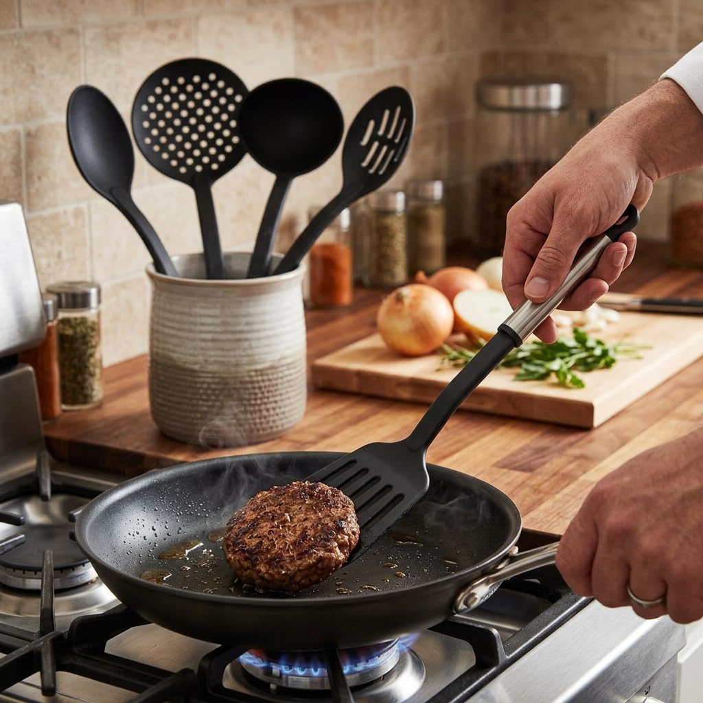 Farberware Classic Kitchen Tool Set, 5-Piece Nylon Cooking Utensils with Stainless Steel Handles for Nonstick Cookware - Kitchen Gadgets with Hanging Loops, Dishwasher Safe Useful Cooking Accessories