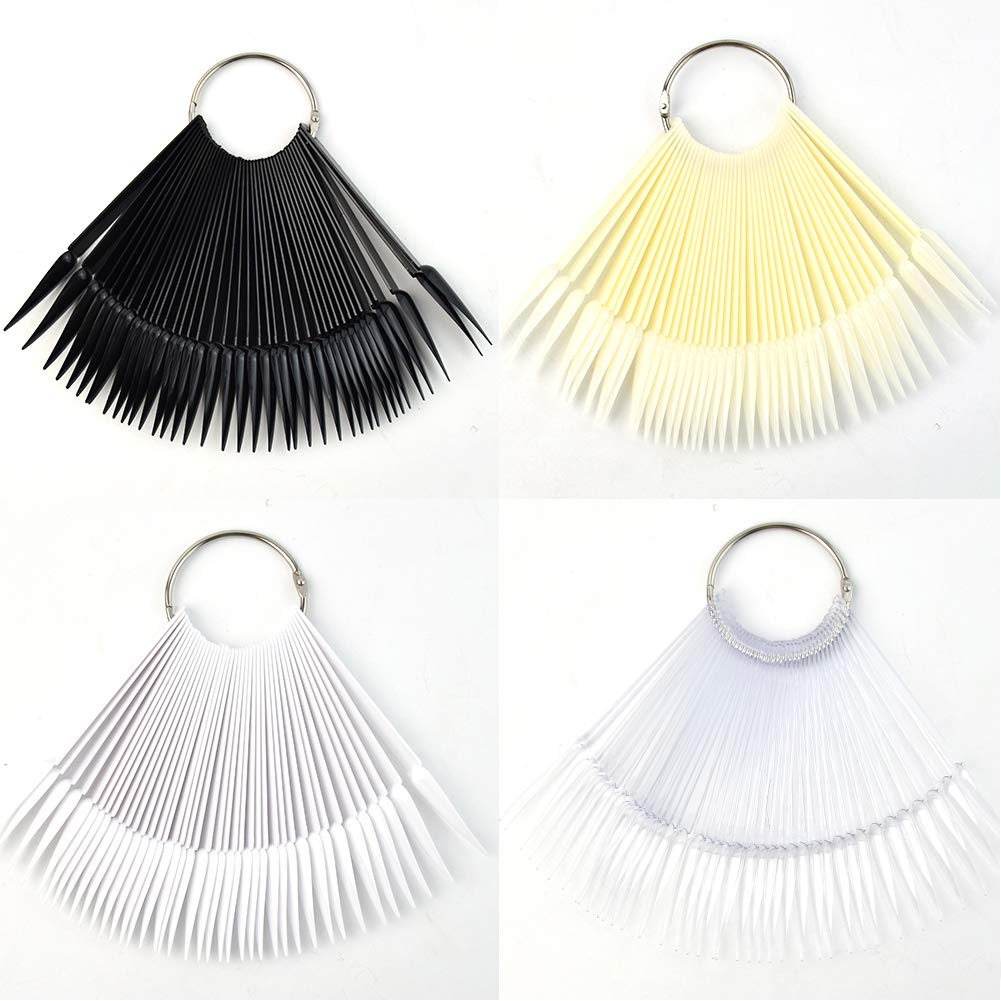 QIMYAR 160 Pcs False Nail Sticks - Fan Shaped Swatch Sticks, Display Board, Transparent, Black, Natural, Milky Colors, Stiletto Tips