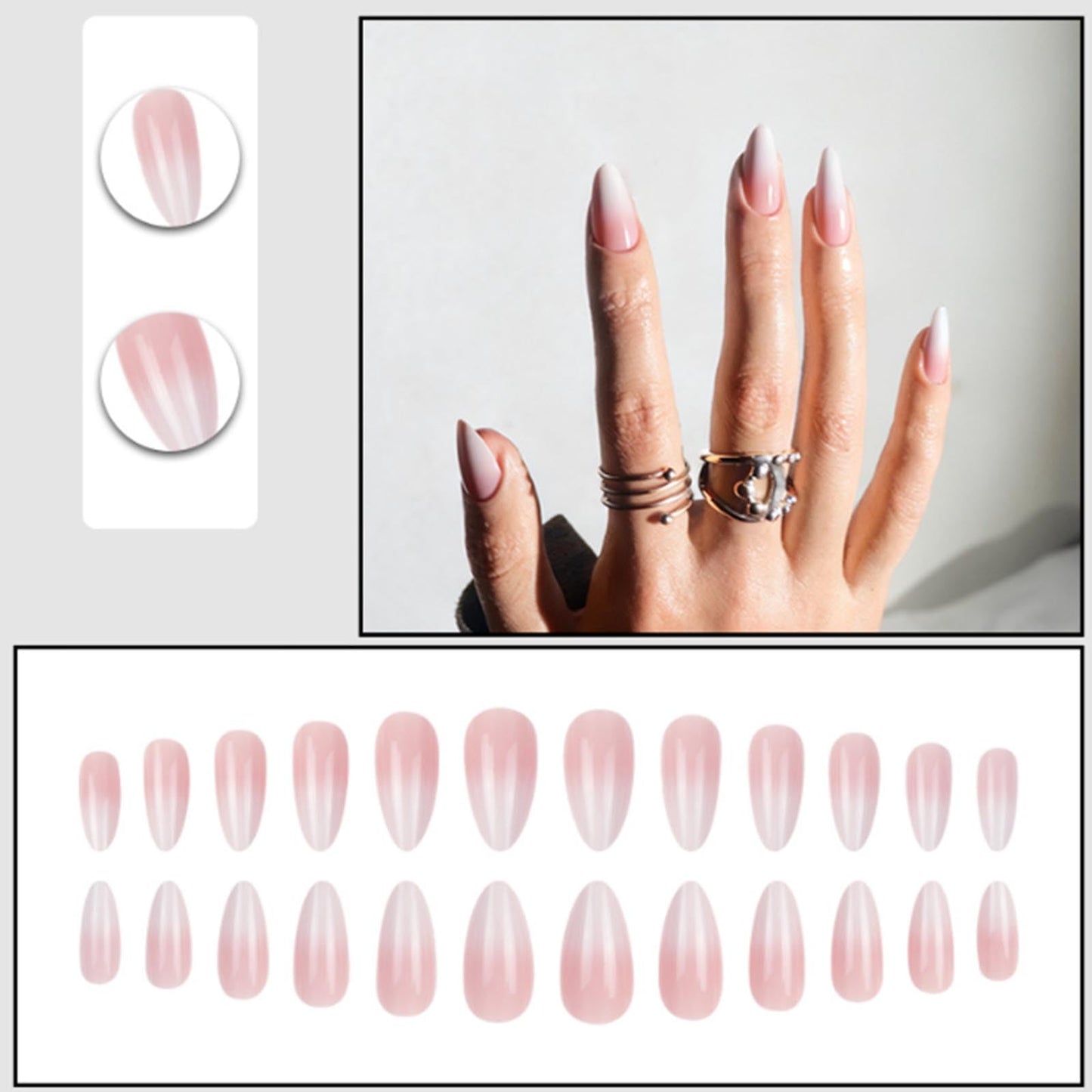 Kamize Short Almond Fake Nails Gradient Press on Nails Full Cover Acrylic Glossy False Nails Nude for Women 24PCS