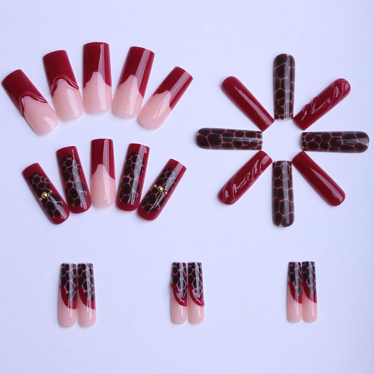 plalely Square Press on Nails Long Purple Fake Nails 3D Charm with Leopard Stick on Nail Tips for Women
