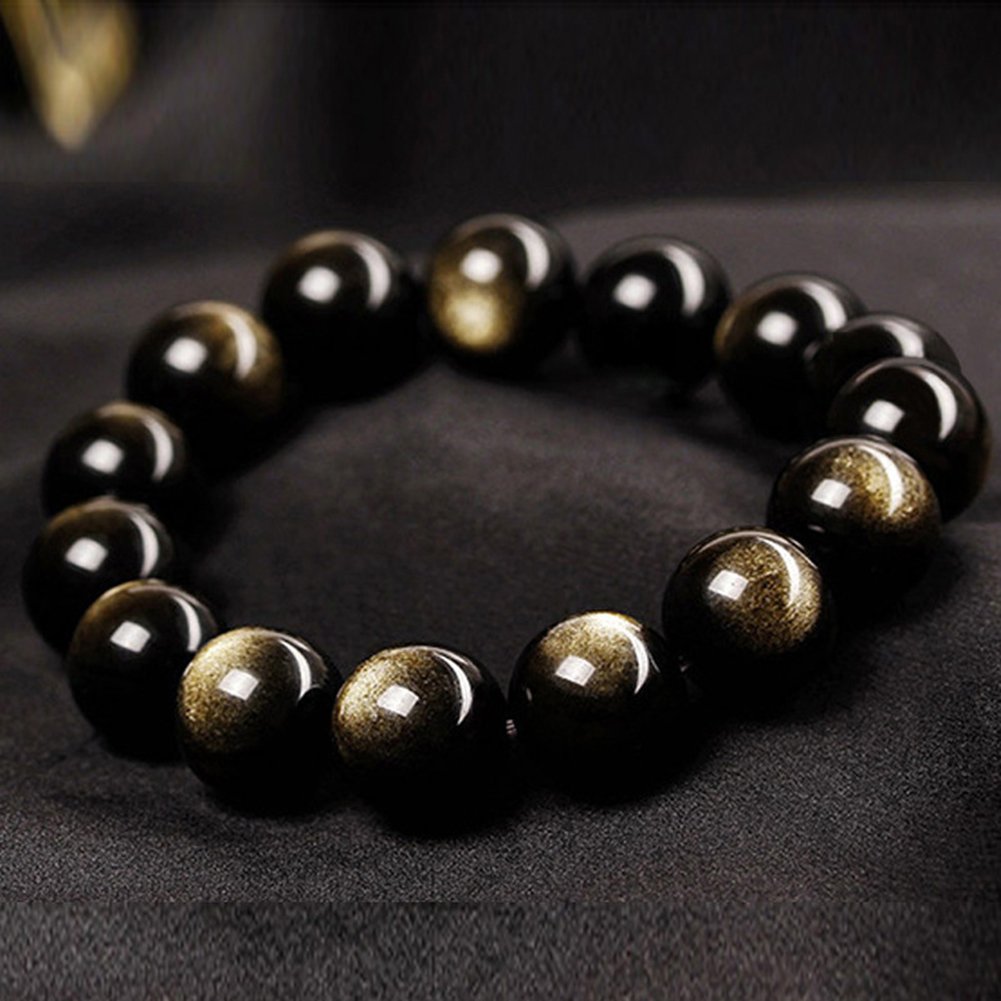 JAJAFOOK Tibetan 28 Mala Bead Gold Obsidian Buddhist Buddha Prayer Beads Bracelet,Stretch String,Unisex