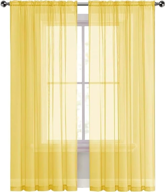 SpaceDresser Yellow Sheer Curtains 4 Panels Rod Pocket Semi-Sheer Curtain 45 Inches Long Light Filtering Voile Window Drapes for Bedroom Living Room Kitchen, Each 52W x 45L