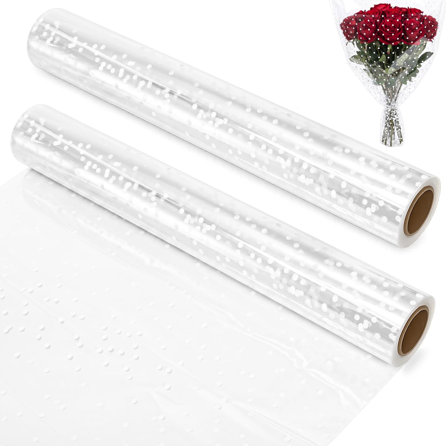 yarlung 2 Pack 33 Inch x 100 Feet Clear Cellophane Wrap Roll with White Dot, Folded Thick Transparent Gift Wrapping Paper for Gift Baskets, Candy Treats, Flower Bouquets, Arts Crafts