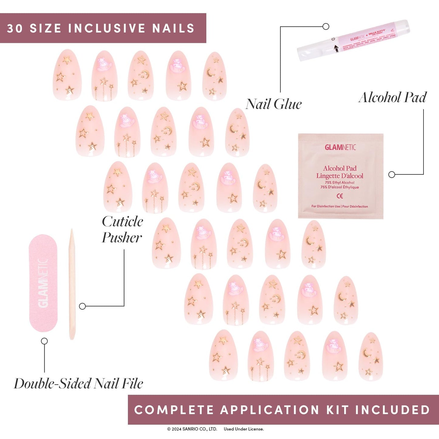 Glamnetic x Hello Kitty® and Friends Press On Nails - My Melody™ | Short Almond Gold Foil 3D Graphic Fake Nails in a Glossy Finish | 15 Sizes - 30 Nail Kit with Glue