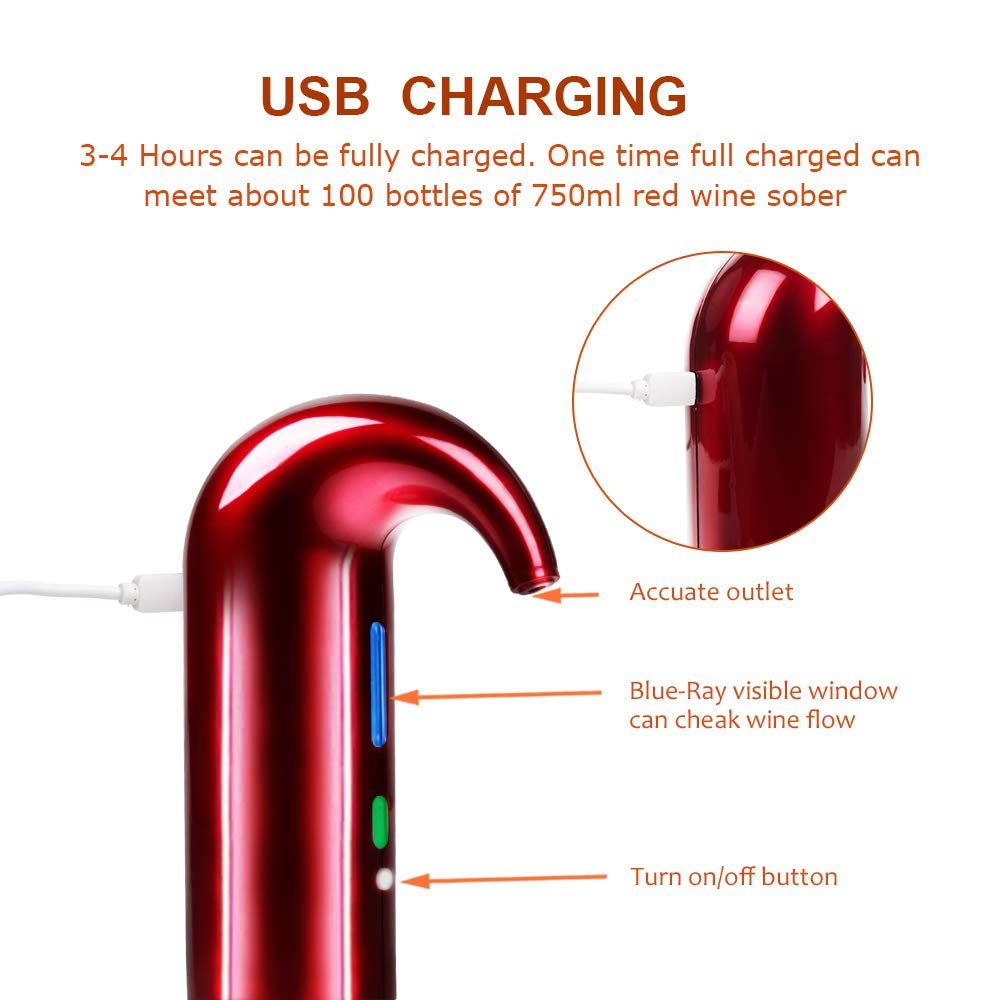 Electric Wine Aerator, Wine Dispenser, Aeration and Decanter Wine Pourer, Red White Wine Accessories Best Wine Gifts -Red