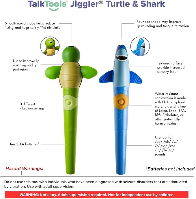 TalkTools Jiggler - Oral Facial Massager - Sensory Awareness Tool for Jaw and Lips | Improve Speech and Feeding Skills (Shark/Turtle - Set of 2) - NOT A Toy - Adult Supervision Required