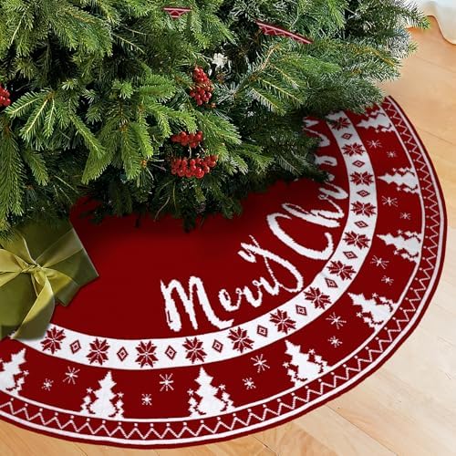 OurWarm 72 Inch Christmas Tree Skirt, Knit Tree Skirt for 7.5 ft Tree to 12ft Tree, Double Sided Large Knitted Tree Skirt Xmas Tree Skirts for Winter Indoor Holiday Party Christmas Tree Decorations