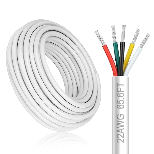 22 Gauge 5 Conductor Electrical Wire, 65.6FT White Stranded Low Voltage 22/5 PVC Case, 22 AWG Tinned Copper 5 Wire Extension Power for Strips LED Lamp Lighting