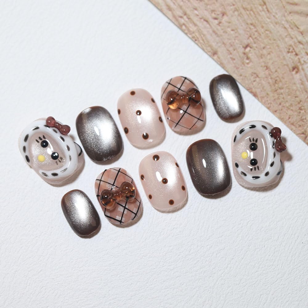 10 Short Oval Handmade Press On Nails | 3D Floral with Cat Eye Polka Dot & Sweet Bow details,Winter Styles | Skip Salon Trips, Easy to Apply & Remove, Reusable (251106, XS)