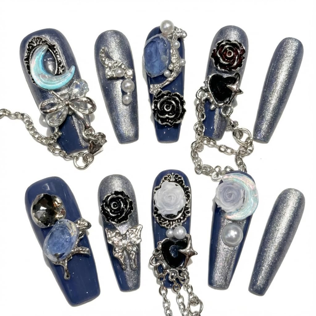 Handmade Press on Nails Blue Square Style with Luxury Moon Flower Pearl and Heart Gem Decor Acrylic Nails Press on Handmade Nails Punk Press On Nails(S)