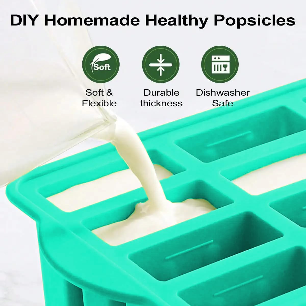 12 Cavities Silicone Popsicle Molds,Popsicle Molds, Food Grade Cake Molds for Ice Cream,Complimentary 50 sticks,green