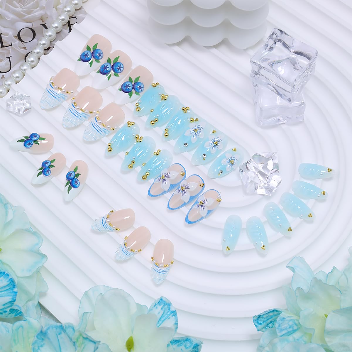 30Pcs Handmade Press on Nails Medium Almond False Nails 3D Ocean Wave Blueberry Floral Shell Design French Tip Fake Nails with Pearls Rhinestones Glossy Full Cover Acrylic Stick on Nails for Women