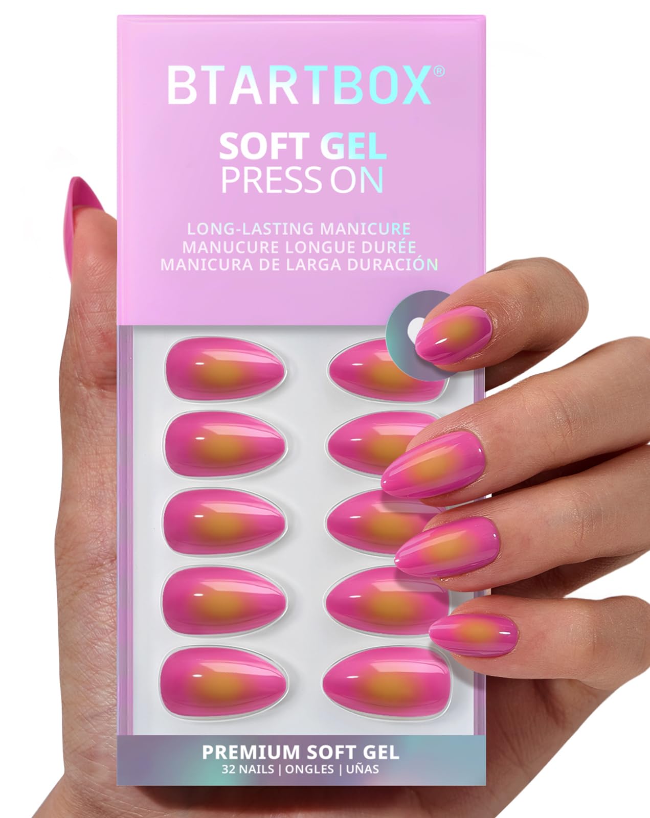 BTArtbox Press On Nails Short - Sunset Pop, Easy-to-Apply Hot Pink and Yellow Almond Press On Nails with Glue and Adhesive Tabs in 16 Sizes - 32 Nails All-in-One Kit